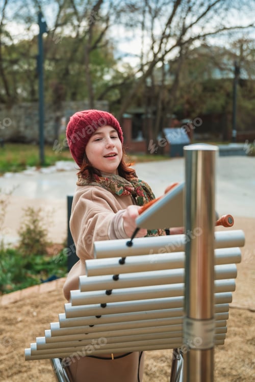 Preview: Young girl is happily playing music on outdoor tubular bells in an urban park