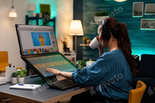 Preview: Woman with editor occupation wearing headphones