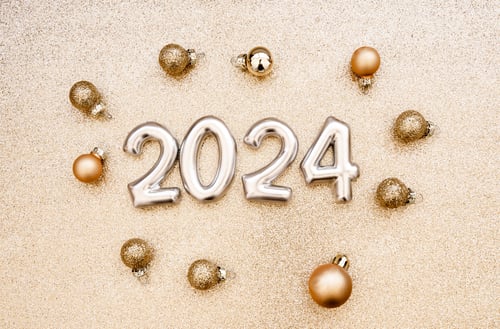 Preview: Greeting card - happy new year with numbers 2024, gold glitter and Christmas balls