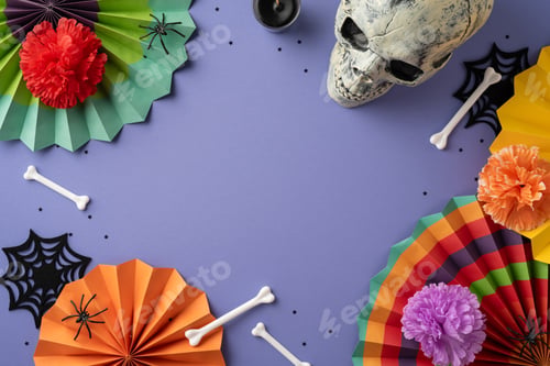 Preview: Vibrant Day of the Dead decorations including a skull and colorful paper flowers