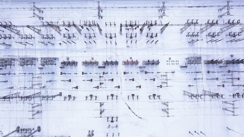 Preview: Rows of electric poles of substation. Action. Top view of small electrical substation with rows of