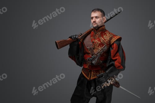 Preview: Musketeer gunslinger holding flintlock rifle on his shoulder