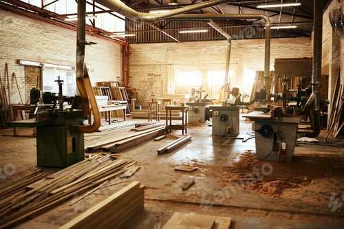 Preview: Let the work begin. Still life shot of the machinery and piles of wood inside a carpentry workshop.