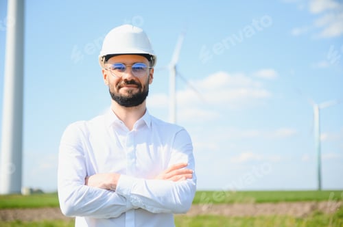 Preview: Engineer in field checking on turbine production
