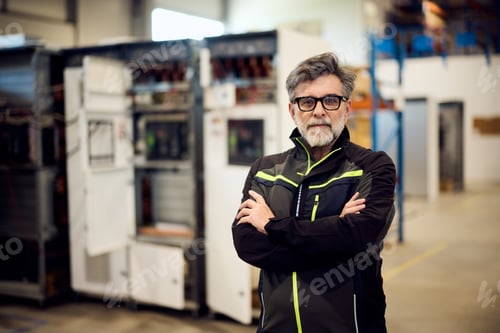 Preview: Confident Professional Standing In Industrial Facility With Machinery