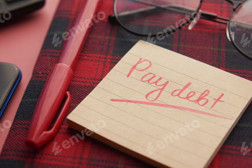 Preview: Close up of pay debt word on a sticky note