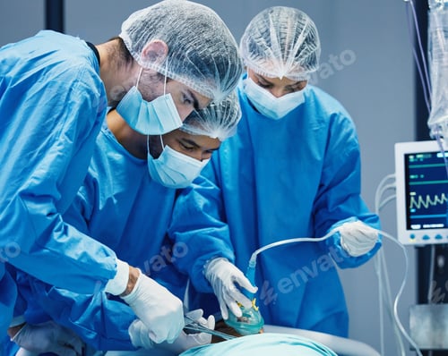 Preview: Group of doctors in surgery, healthcare and surgical procedure start with PPE and team in theatre i