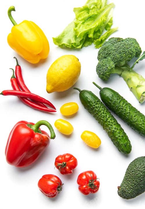 Preview: Colorful fresh vegetables and fruits forming healthy food mosaic