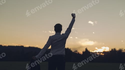 Preview: View from behind of a young businessman standing in a meadow