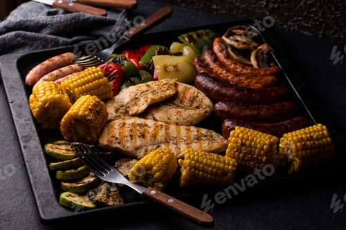 Preview: Grilled sausages, meat, and vegetables.