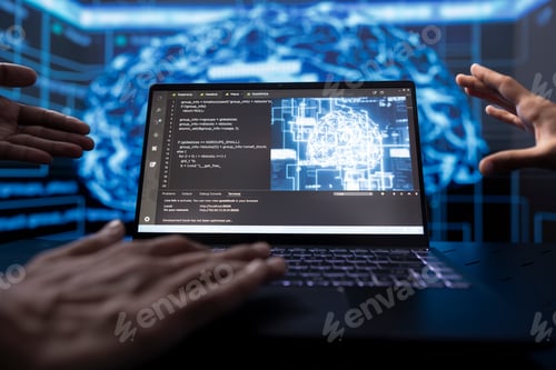 Preview: Software developers running AI cognitive computing tech on laptop