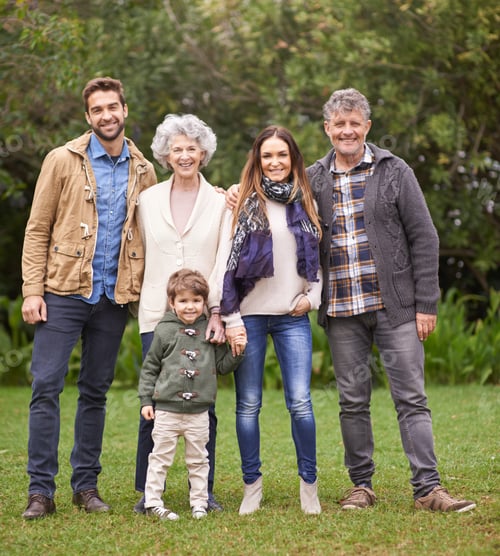 Preview: They are like a puzzle, they complete each other. A multi-generation family standing outdoors.