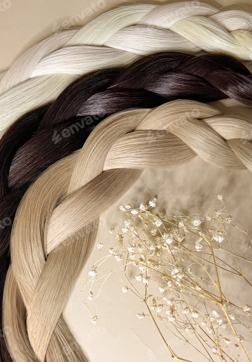 Preview: Strands of natural hair of different colors for extensions. Hair color palette