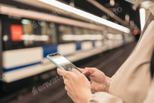 Preview: girl watching mobile waiting the metro. close-up