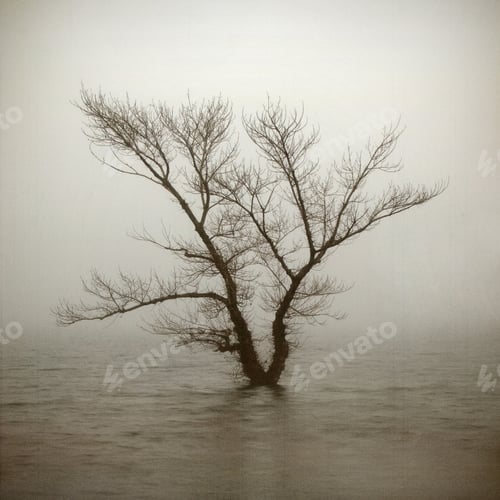 Preview: Lonely tree in aged textured art background. Depression and melancholy mood. Abstract loneliness