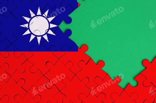 Preview: Taiwan flag is depicted on a completed jigsaw puzzle with free green copy space on the right side.