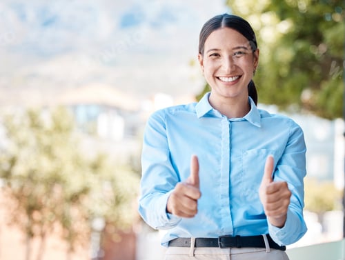 Preview: Smile, happy and thumbs up woman or management employee with confident smile, trust and friendly le