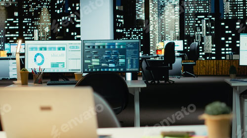 Preview: Luxurious modern office space with dual monitors and laptop