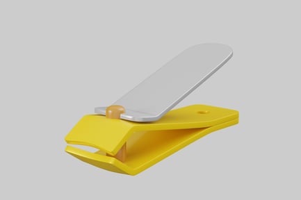 Vorschau: Gelbes und graues Kunststoffgerät mit flachem Boden und gebogener Oberseite.