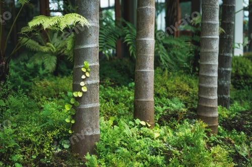 Preview: Tree trunk on fern field in tropical garden