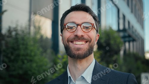 Preview: Outdoors happy male portrait Caucasian adult smiling businessman in glasses employer entrepreneur