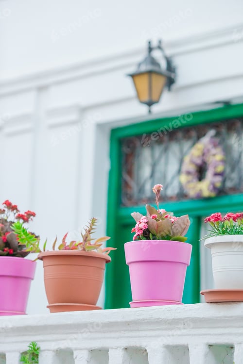 Preview: Traditional greek colorful flowerpots with flowers on steps on streets of old village in Greece