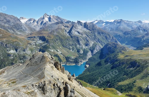 Preview: View of mountains and Chevril lake near Tignes Ski Resort, France