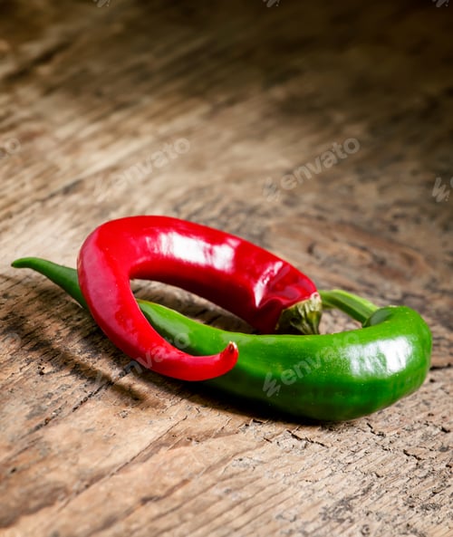 Preview: Red and green chili peppers, selective focus