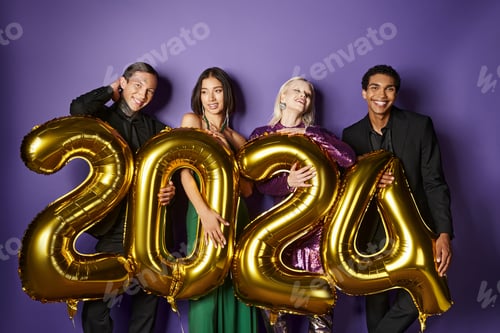 Preview: New Year party, cheerful interracial friends in suits and dresses holding balloons with numbers 2024