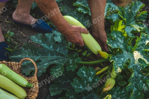 Preview: A woman farmer holds a zucchini harvest in her hands. Selective focus.