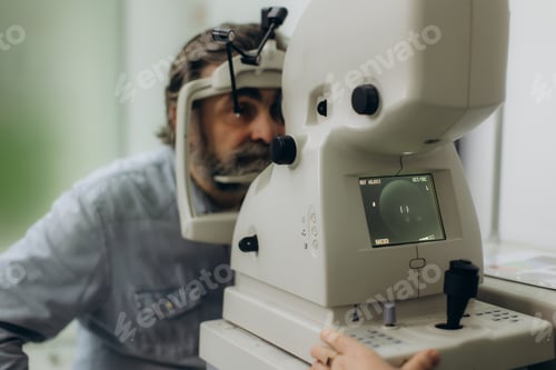 Preview: Mature man undergoing eye exam in ophthalmology clinic
