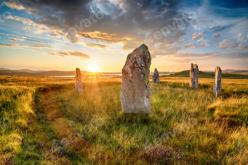 Preview: Dranatic sunset over Ceann Hulavig stone circle on the Isle of Lewis