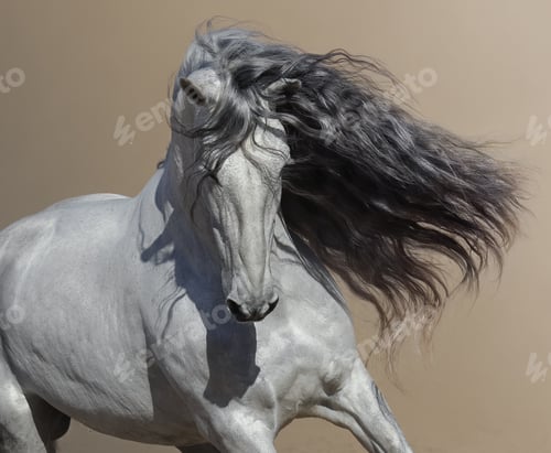 Preview: Close up portrait of white Andalusian horse with long mane flutters on wind.
