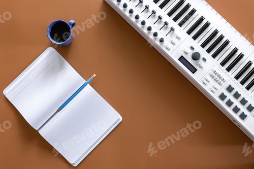 Preview: Musical flat lay background, music creation concept.