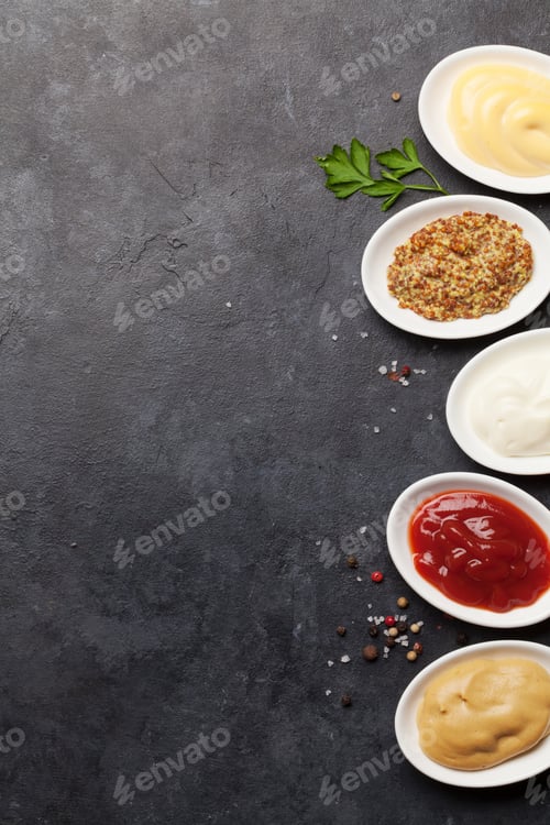Preview: Set of various sauces. Popular sauces in bowls