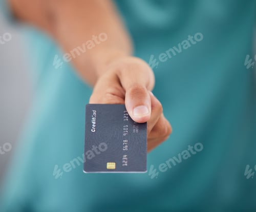 Preview: Person giving credit card, hand and finance with payment, shopping and closeup with retail and stor