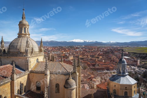 Preview: Aerial view of Segovia old city and Cathedral - Segovia, Castile and Leon, Spain