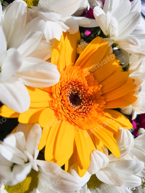 Preview: yellow gerbera,Pastel colors wedding bouquet background.many Chrysanthemums.Floral background