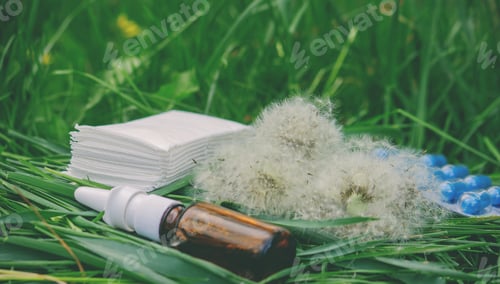 Preview: Nasal drops, allergy spray, wipes and tablets. Allergy treatment concept