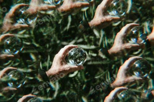 Preview: Hand holding crystal ball, kaleidoscope effect. Creative abstract background pattern.