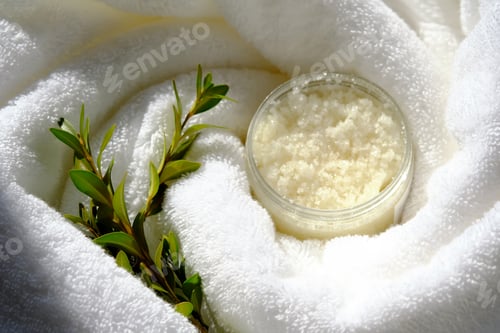 Preview: A jar of scrub wrapped in a terry bath towel with a green sprig.