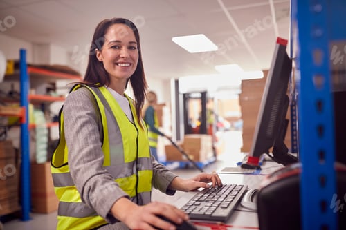 Preview: Portrait Of Female Manager In Busy Modern Warehouse Working On Computer Terminal