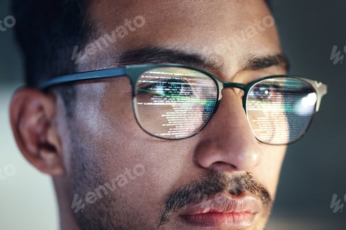 Preview: Glasses, man and reflection of programmer on computer working on software, code and data. IT, engin