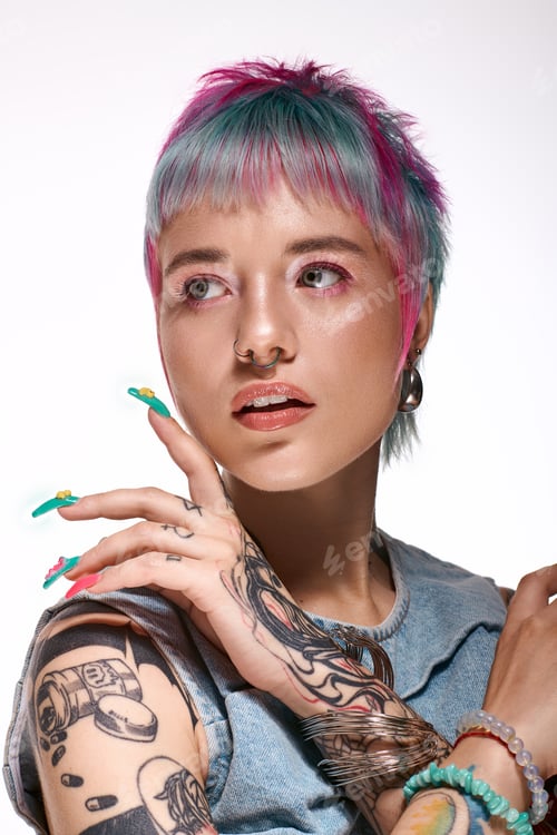 Preview: Young woman with vibrant dyed hair showcases beauty in a trendy studio setting