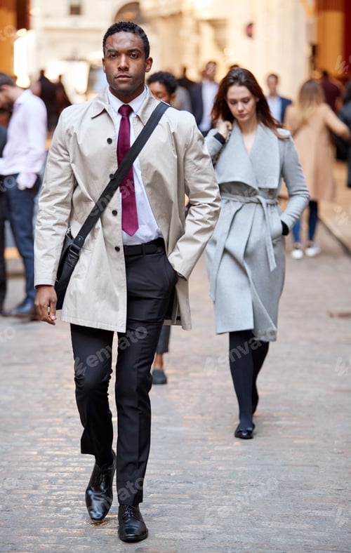 Preview: Millennial black businessman walking in a city street looking to camera, full length