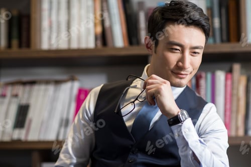 Preview: Young businessman thinking in his study