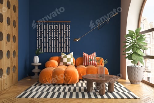 Preview: Mid century style conceptual dopamine interior room 3d illustration