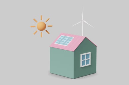 Preview: A house with a solar panel and wind turbine.