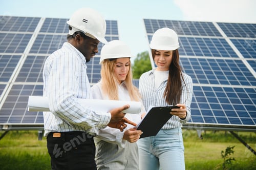 Preview: Three technical engineers review plan on paper and discuss.