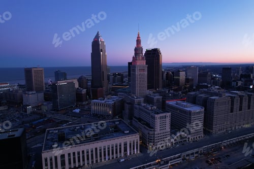 Preview: Aerial view of a downtown Cleveland area during civil twilight